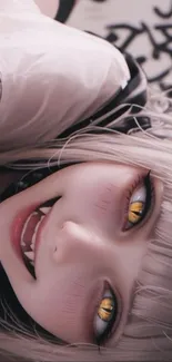 Anime character with golden eyes, looking upwards.