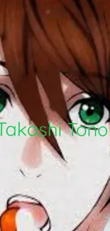 Anime character close-up with green eyes and brown hair.