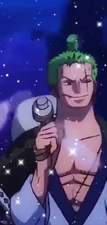 Anime character with green hair holding a sword, starry sparkle effect.