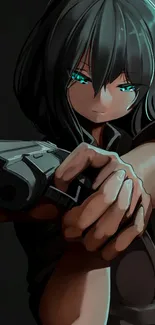 Anime character with gun and teal eyes in dark scene.