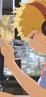 Anime character with blonde hair and headphones by a window.