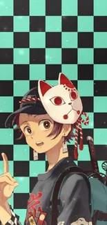 Anime character with fox mask and checkered teal background.