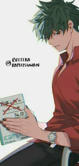 Anime character with notepad in burgundy shirt.