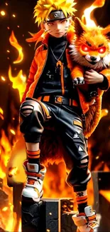 Anime character with fiery pet fox in intense flames.