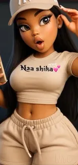 Anime character in beige outfit holding a phone.