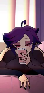 Anime character with purple hair holding a phone.