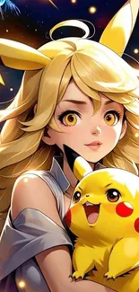 Anime girl with Pikachu, yellow theme mobile wallpaper.