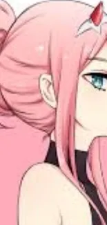 Anime character with pink hair and horns in profile view.