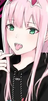 Anime girl with pink hair in a black hoodie with a playful expression.