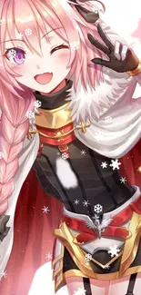 Anime character with pink hair and snowflakes on mobile wallpaper.