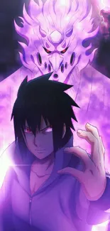 Anime character with a glowing purple aura standing confidently.