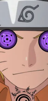 Anime character's face with striking purple eyes and a unique design.