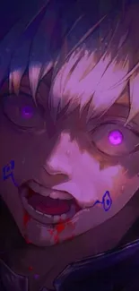 Anime character with purple glowing eyes in dark tone.