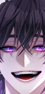 Anime character with dark hair and striking purple eyes in a grunge style.