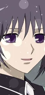 Anime character with purple hair and eyes in a stylish design.