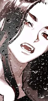 Anime character with rain effect and intense expression.