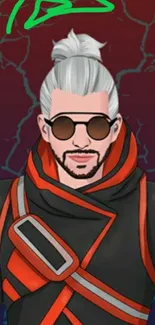 Anime character with shades on red background.