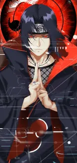 Anime character with red eye and dark cloak on mobile wallpaper.