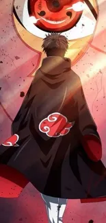 Anime character cloaked in darkness beside a glowing red eye.