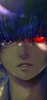 Anime artwork featuring a character with glowing red eyes and dark blue tones.