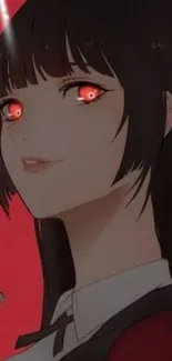 Anime character with striking red eyes and dark hair on a bold red background.