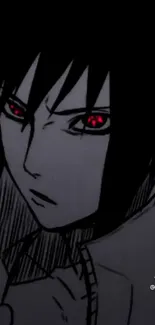 Anime character with striking red eyes in dramatic style.