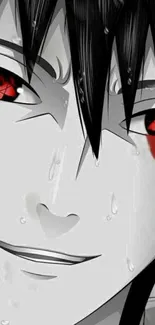 Anime character with red eyes and black hair, wet face expression.