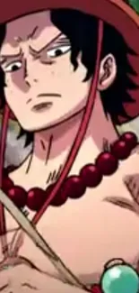 Anime character wearing a red hat with beads.