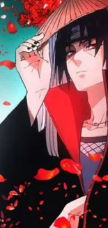 Anime character in black cloak with red petals.