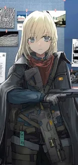 Anime character holding rifle in front of documents, with blue-gray tones.