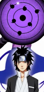 Anime character with Rinnegan in a vibrant purple design.