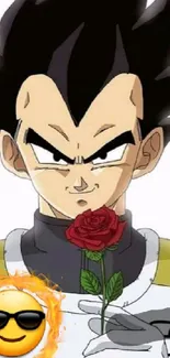 Anime character holding a rose with a unique expression.