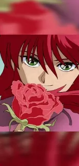 Anime character with red hair holding a rose.