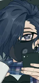 Anime character with blue hair and a smartphone in a stylish pose.