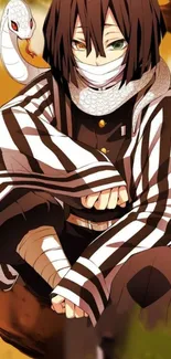 Anime character with striped shirt and snake in brown tones.