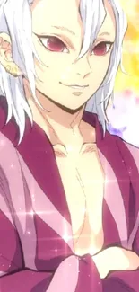 Anime character with white hair, purple robe, and sparkling colorful background.