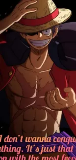 Anime character wearing a straw hat showing muscular physique and confident aura.