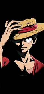 Anime character with straw hat on black background.