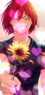 Anime character with red hair holding a sunflower and smiling brightly.