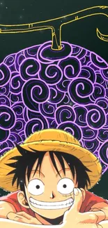 Anime character with hat in front of purple swirl fruit.