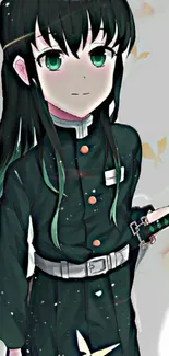 Anime character in dark attire holding a sword with green accents.