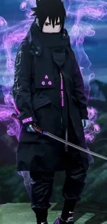 Anime character with sword and purple aura on scenic background.