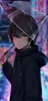 Anime character with umbrella in a neon city background.