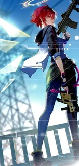 Anime character with red hair and advanced weapon against blue sky.