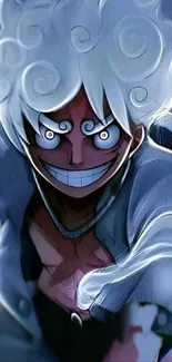 Anime character with vibrant white hair and glowing eyes on a blue-gray background.