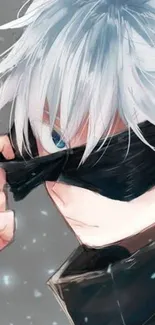 Anime character with white hair and mask, intense gaze.