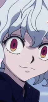 Anime character with white hair and vibrant eyes with a sparkling effect.