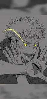 Anime character with two yellow glowing eyes in a dynamic pose.