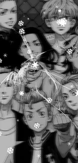 Black and white anime characters in a group portrait, depicting expressive art style.