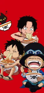 Anime characters enjoy noodles on a red background.